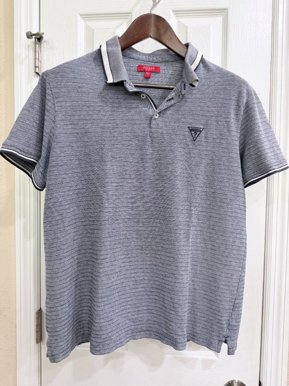 Guess Los Angeles Polo Shirt Large Gray Striped Logo Short Sleeve Cotton Blend